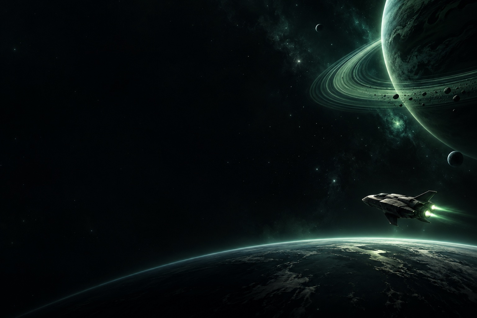 Spacecraft flying over a planet with a green ringed planet in the distance
